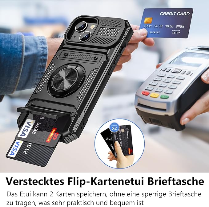🛡️ Military-Grade iPhone 15 Case | Card Slot + 360° Rotating Stand | Black 📱