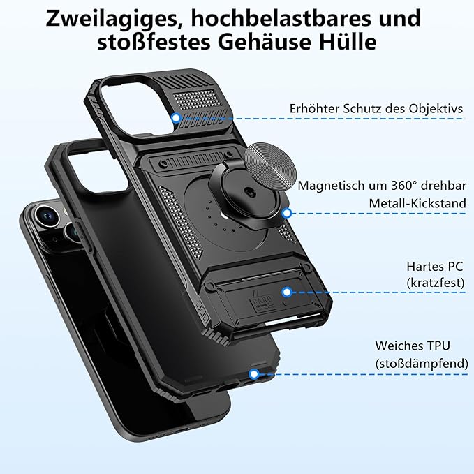 🛡️ Military-Grade iPhone 15 Case | Card Slot + 360° Rotating Stand | Black 📱