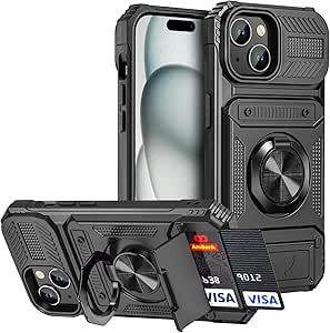 🛡️ Military-Grade iPhone 15 Case | Card Slot + 360° Rotating Stand | Black 📱
