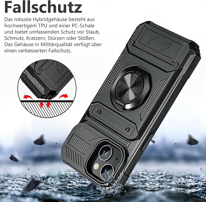 🛡️ Military-Grade iPhone 15 Case | Card Slot + 360° Rotating Stand | Black 📱