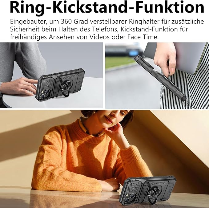 🛡️ Military-Grade iPhone 15 Case | Card Slot + 360° Rotating Stand | Black 📱